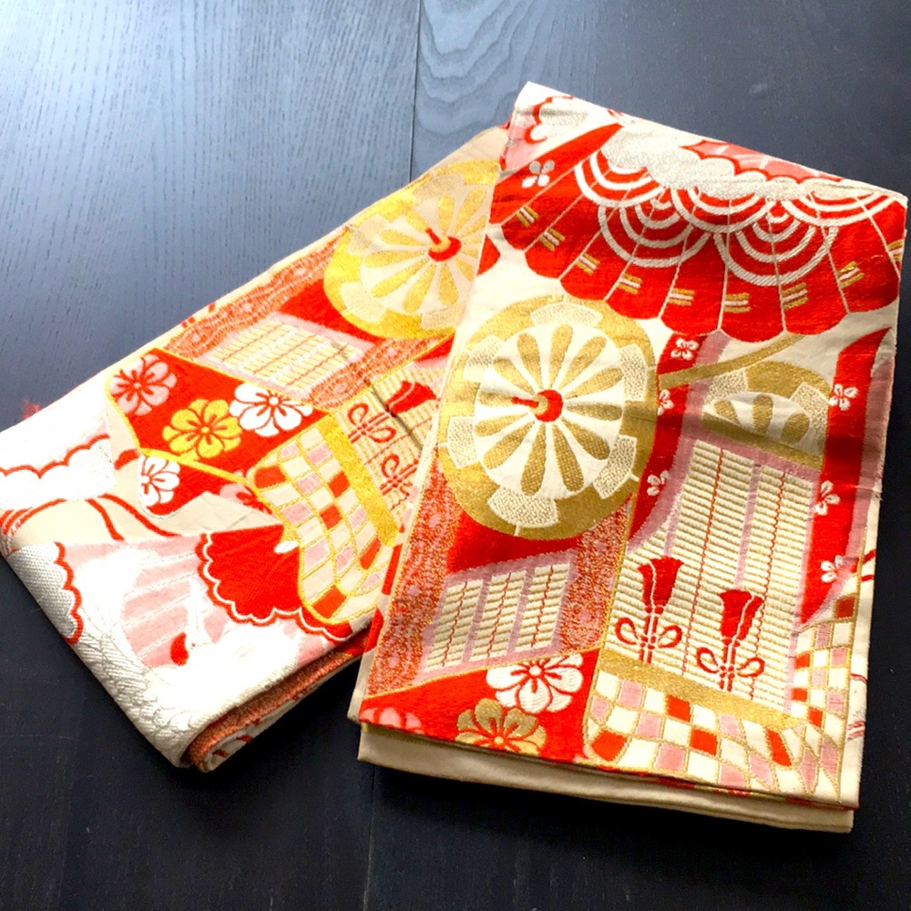 Vintage rear Han Haba Kimono Obi gold silver